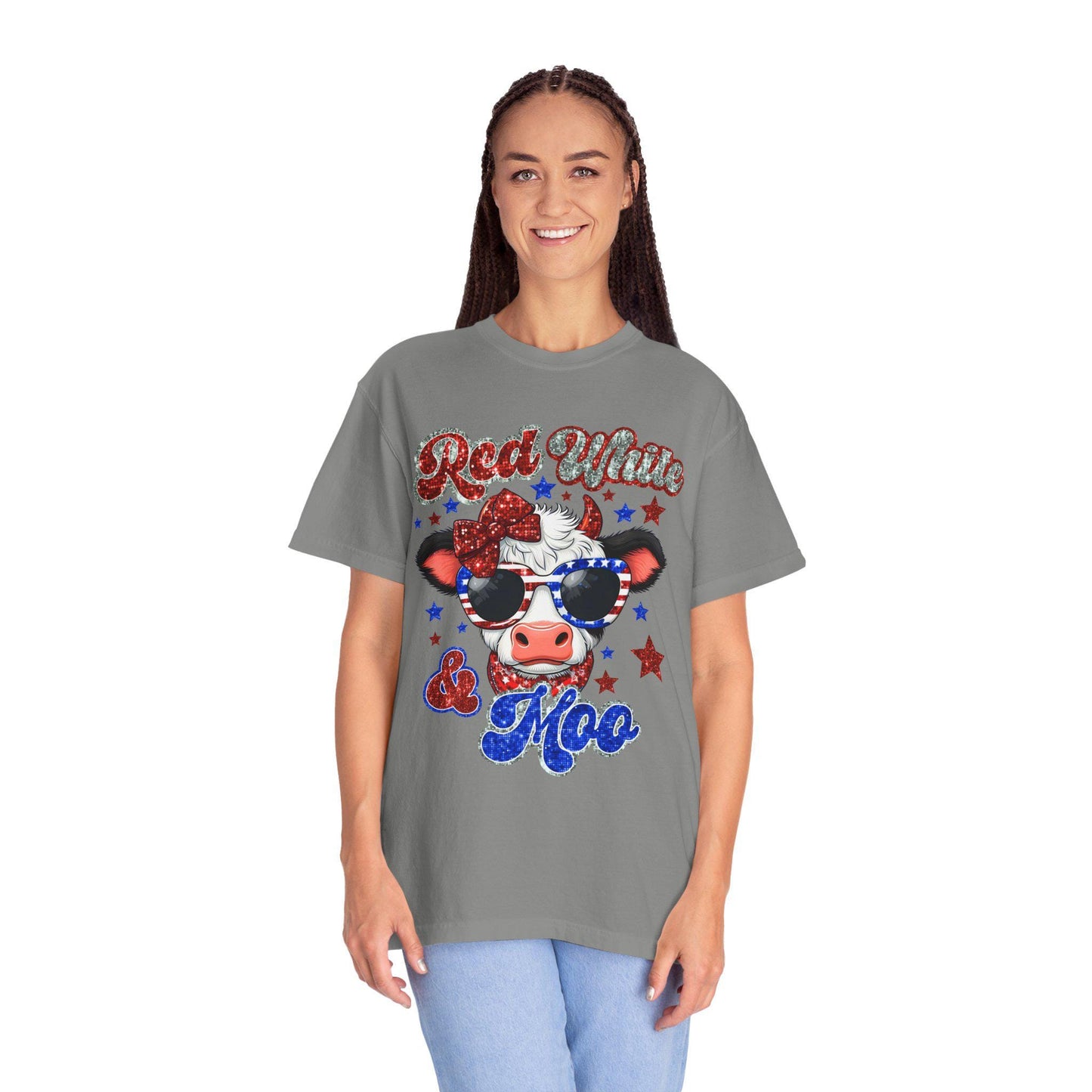 Patriotic Cow T-Shirt, Fun Summer Tee, Red White & Moo Design, Cute Animal Shirt, Gifts for Her, Fourth of July Apparel