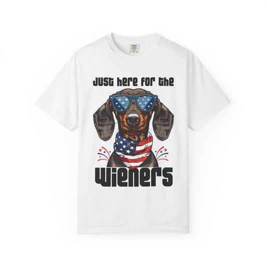 Patriotic Dog Lover T-Shirt, Just Here for the Wieners Tee, Summer BBQ Shirt, Pet Parenting Gift, Fun Dog Apparel