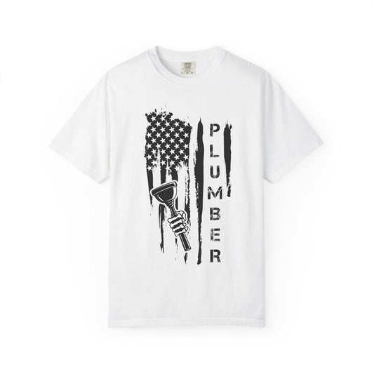 Patriotic Plumber T-shirt, Unisex Garment-Dyed Tee, USA Flag Shirt, Workwear, Gift for Plumbers, Tradesmen Apparel