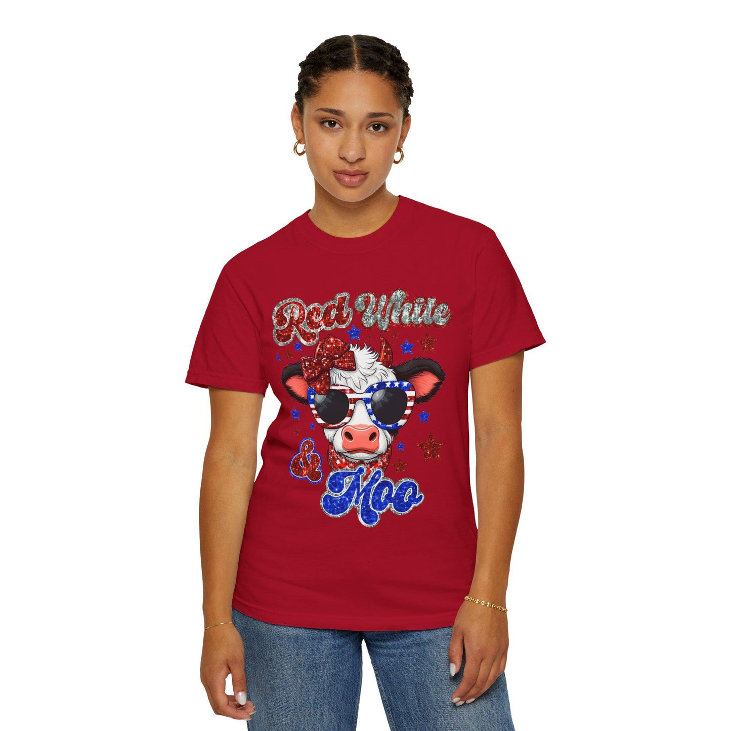 Patriotic Cow T-Shirt, Fun Summer Tee, Red White & Moo Design, Cute Animal Shirt, Gifts for Her, Fourth of July Apparel