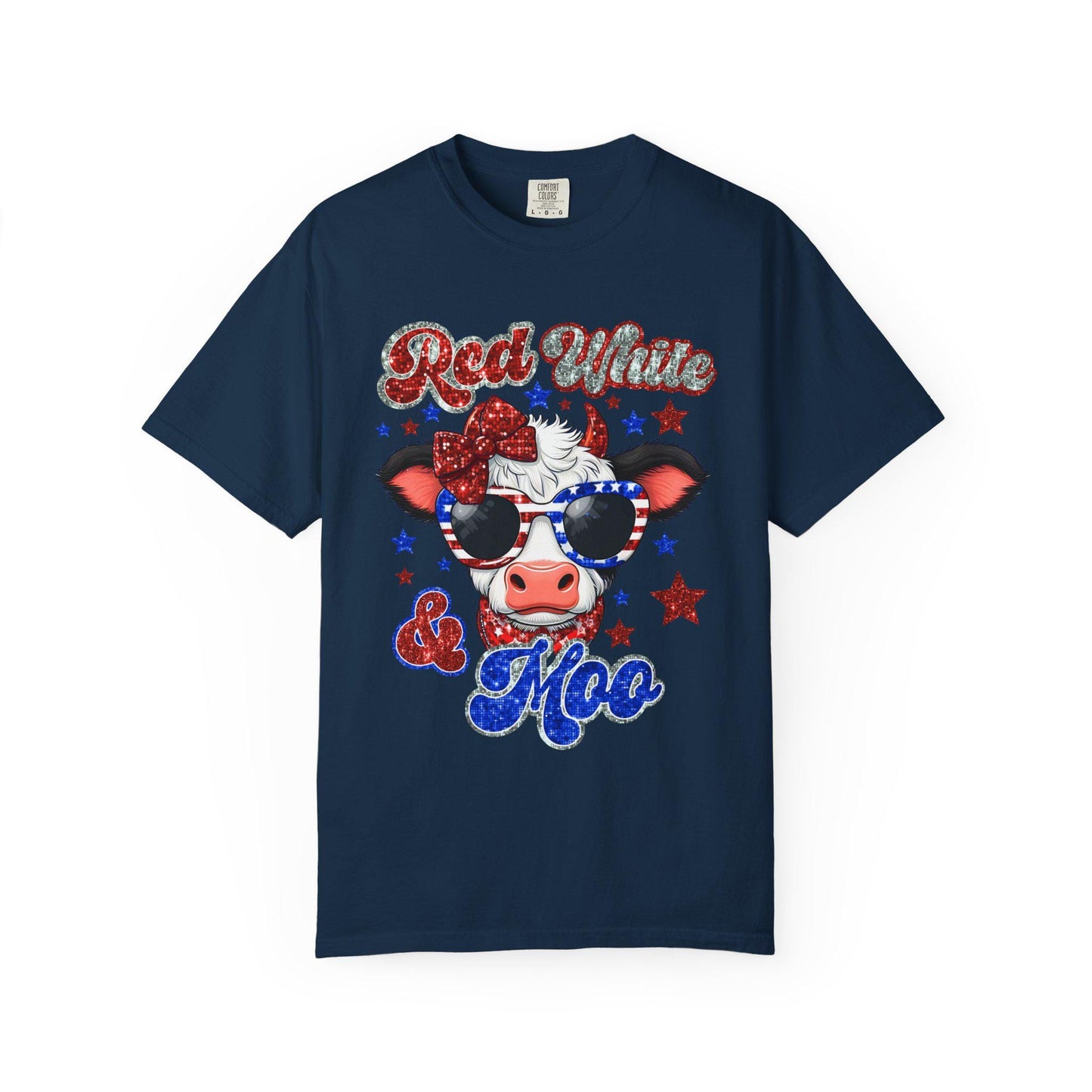 Patriotic Cow T-Shirt, Fun Summer Tee, Red White & Moo Design, Cute Animal Shirt, Gifts for Her, Fourth of July Apparel
