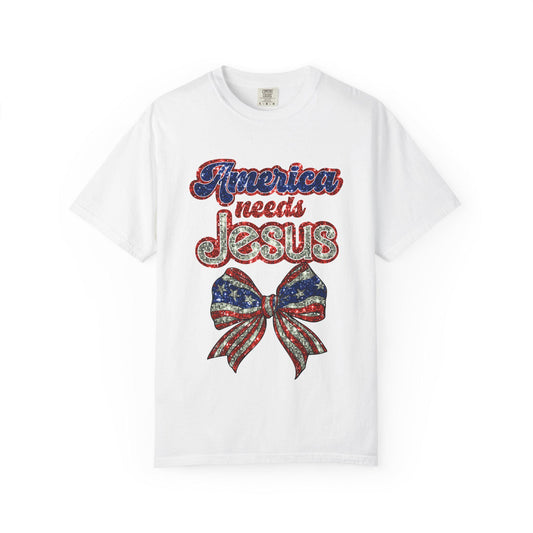 Patriotic Jesus T-Shirt, Unisex Garment-Dyed Shirt, Red White Blue Tee, Faith-Based Apparel, Perfect for Independence Day