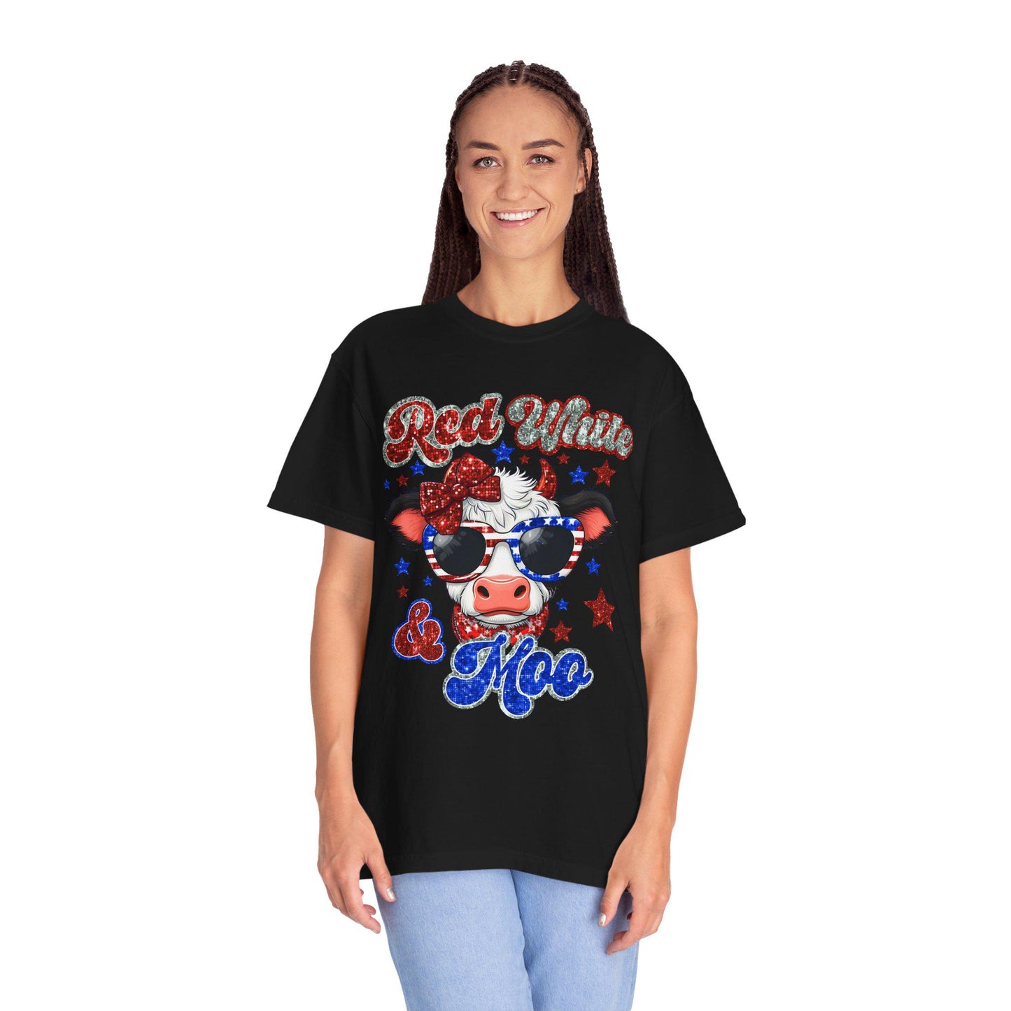 Patriotic Cow T-Shirt, Fun Summer Tee, Red White & Moo Design, Cute Animal Shirt, Gifts for Her, Fourth of July Apparel