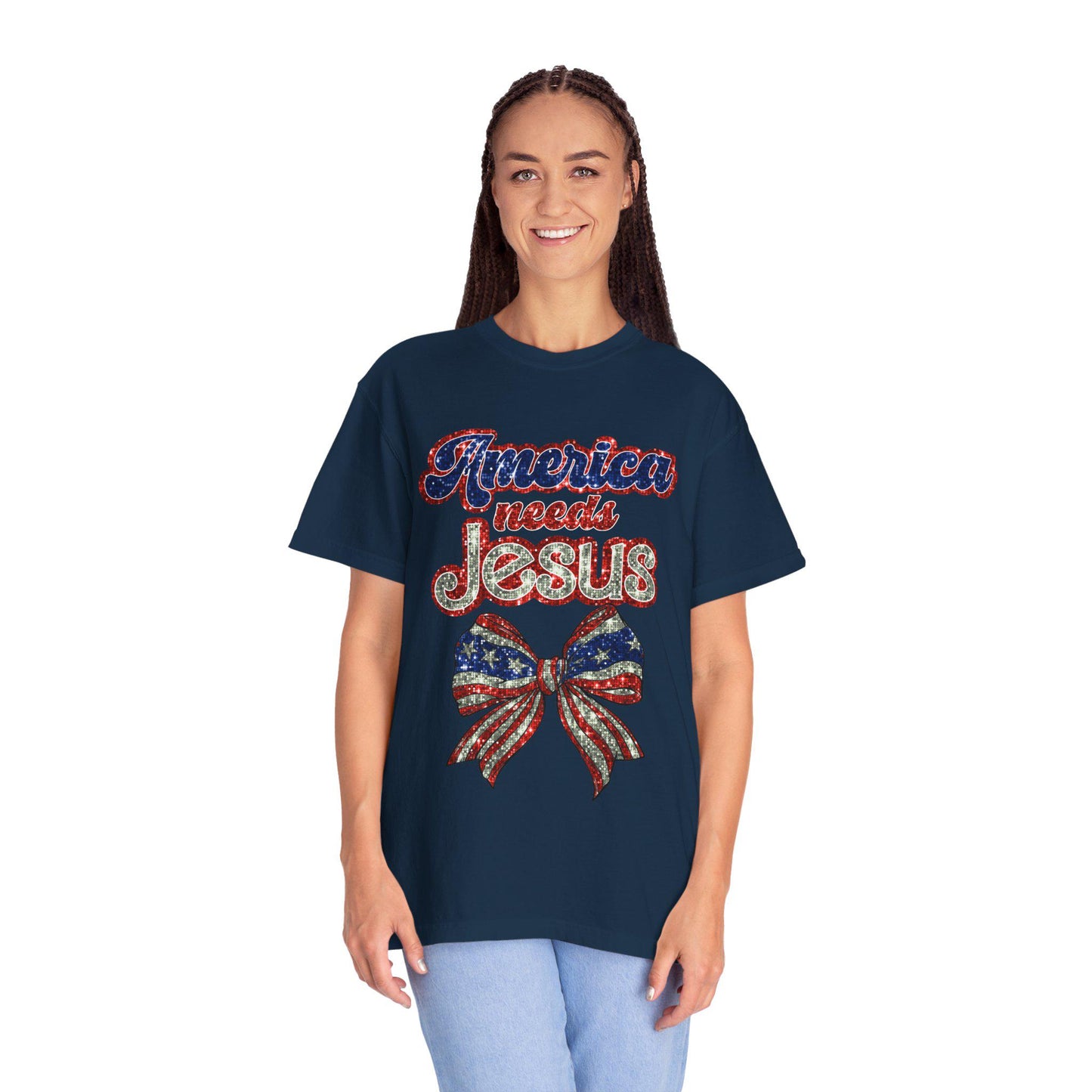 Patriotic Jesus T-Shirt, Unisex Garment-Dyed Shirt, Red White Blue Tee, Faith-Based Apparel, Perfect for Independence Day
