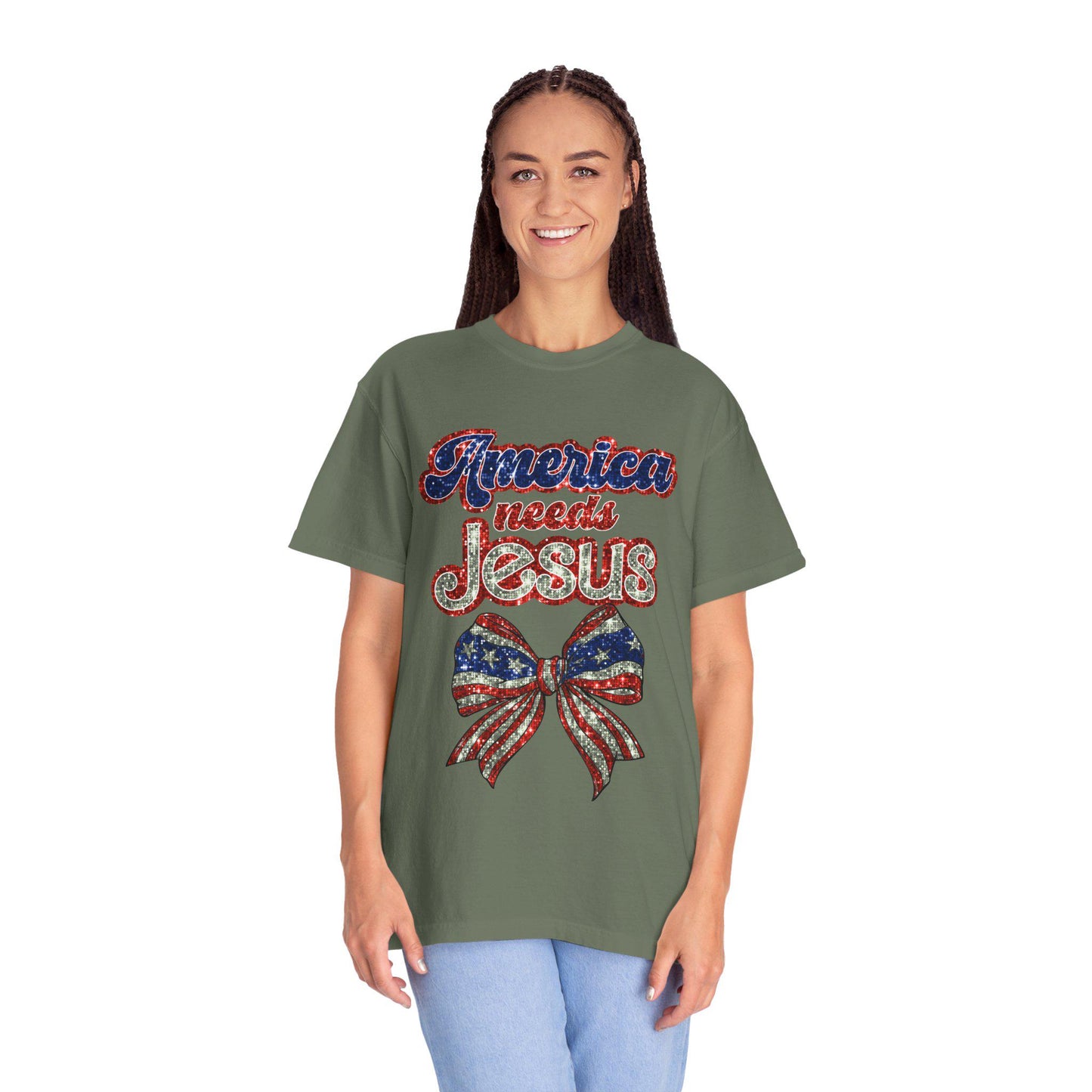 Patriotic Jesus T-Shirt, Unisex Garment-Dyed Shirt, Red White Blue Tee, Faith-Based Apparel, Perfect for Independence Day