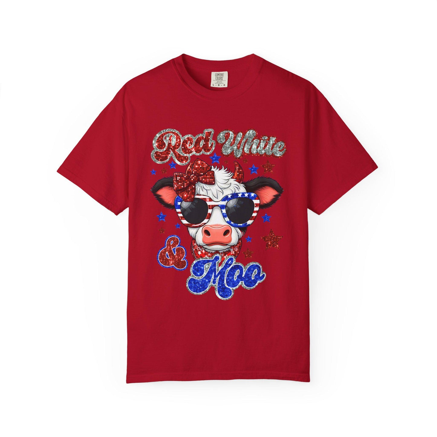 Patriotic Cow T-Shirt, Fun Summer Tee, Red White & Moo Design, Cute Animal Shirt, Gifts for Her, Fourth of July Apparel
