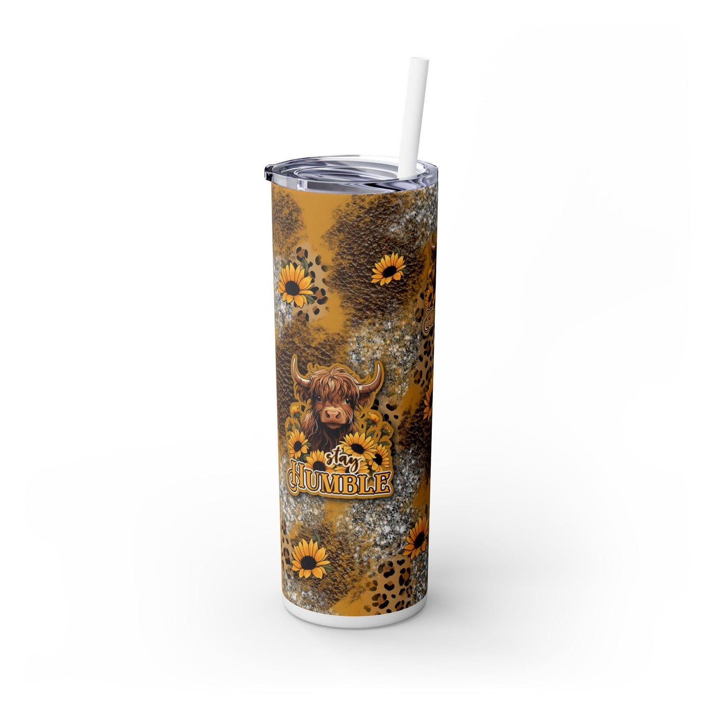 Stay Humble Wildflower Highland Cow Tumbler - Personalized 20oz Skinny Cup with Straw, Cute Gift for Cow Lovers, Boho Decor, Drinkware