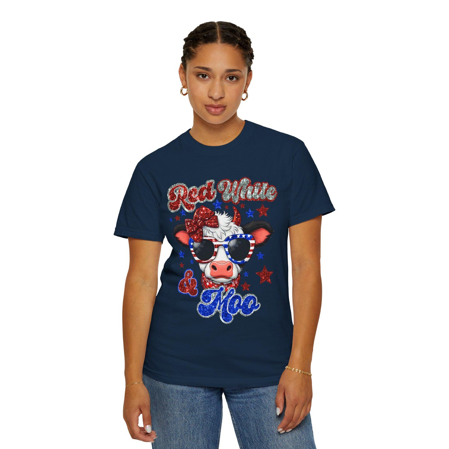 Patriotic Cow T-Shirt, Fun Summer Tee, Red White & Moo Design, Cute Animal Shirt, Gifts for Her, Fourth of July Apparel