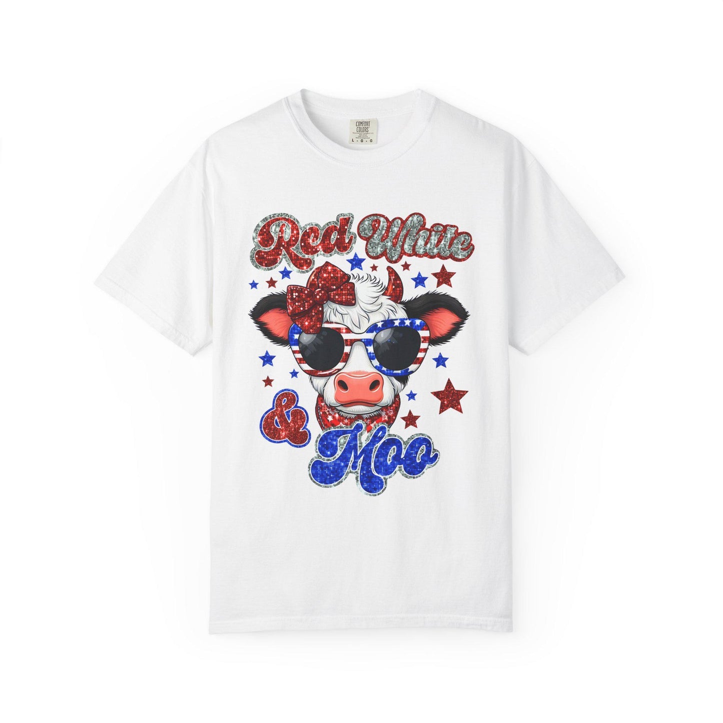 Patriotic Cow T-Shirt, Fun Summer Tee, Red White & Moo Design, Cute Animal Shirt, Gifts for Her, Fourth of July Apparel