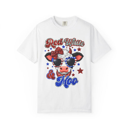 Patriotic Cow T-Shirt, Fun Summer Tee, Red White & Moo Design, Cute Animal Shirt, Gifts for Her, Fourth of July Apparel