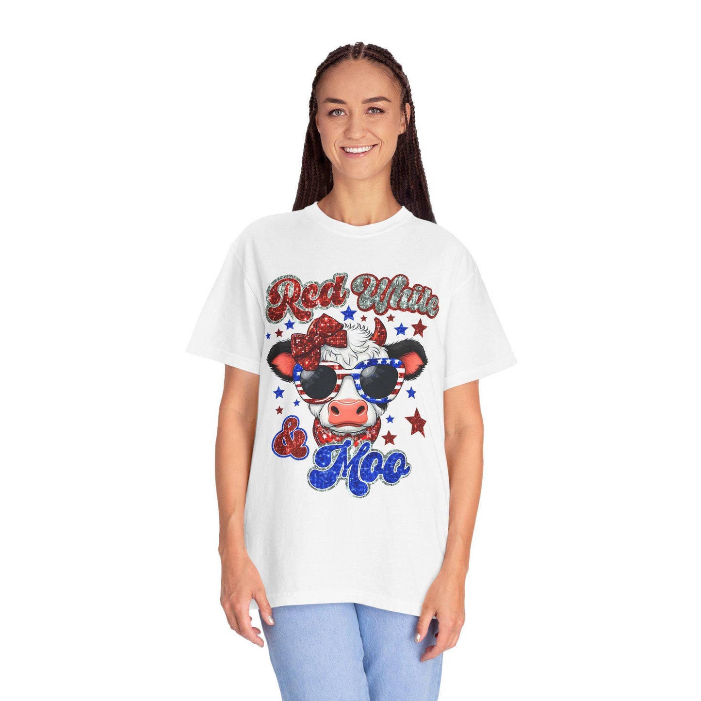 Patriotic Cow T-Shirt, Fun Summer Tee, Red White & Moo Design, Cute Animal Shirt, Gifts for Her, Fourth of July Apparel