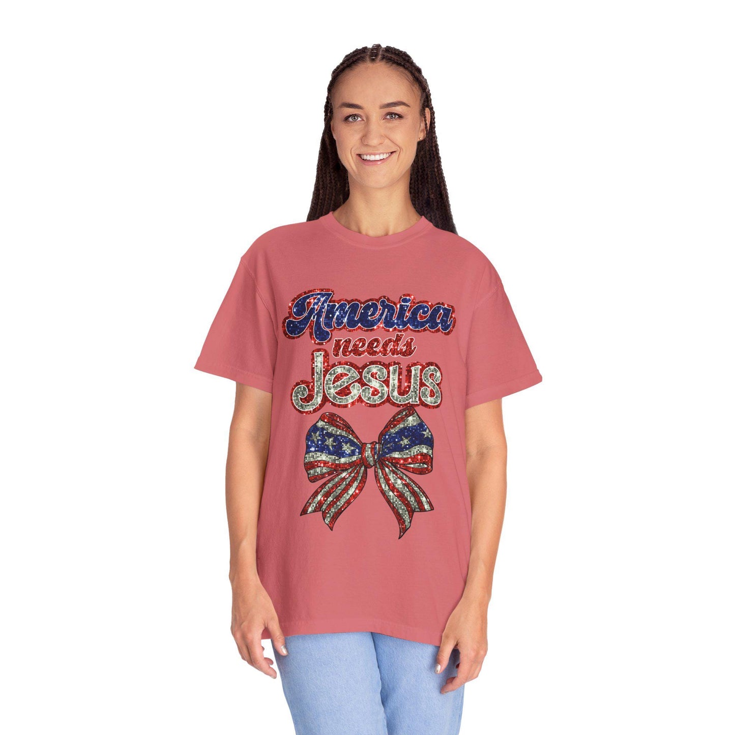 Patriotic Jesus T-Shirt, Unisex Garment-Dyed Shirt, Red White Blue Tee, Faith-Based Apparel, Perfect for Independence Day