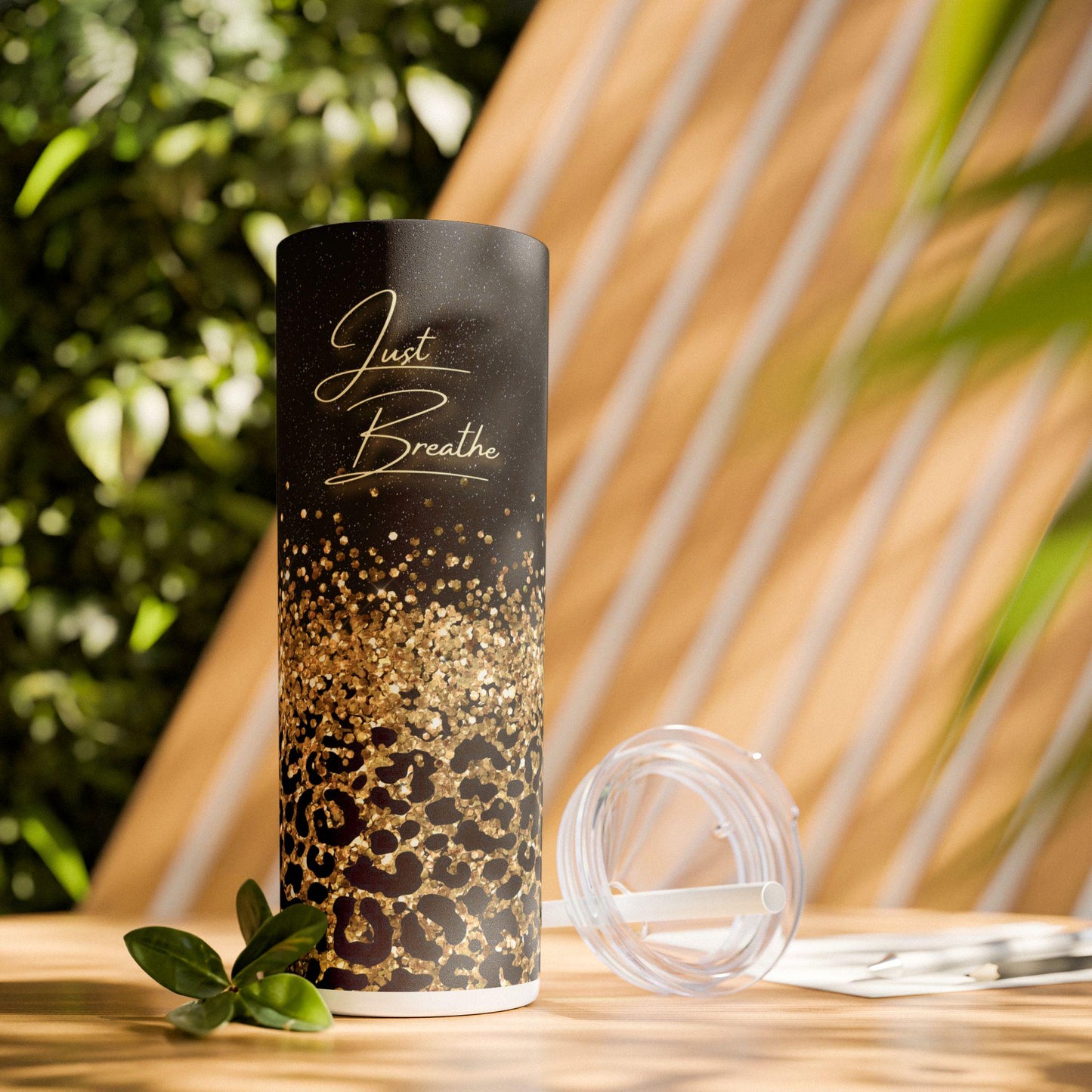 Glamorous Skinny Tumbler, Just Breathe Inspirational Travel Cup, Stylish Leopard Print, Gift for Her, Motivational Drinkware