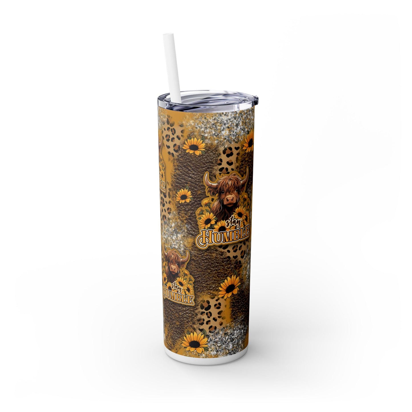 Stay Humble Wildflower Highland Cow Tumbler - Personalized 20oz Skinny Cup with Straw, Cute Gift for Cow Lovers, Boho Decor, Drinkware