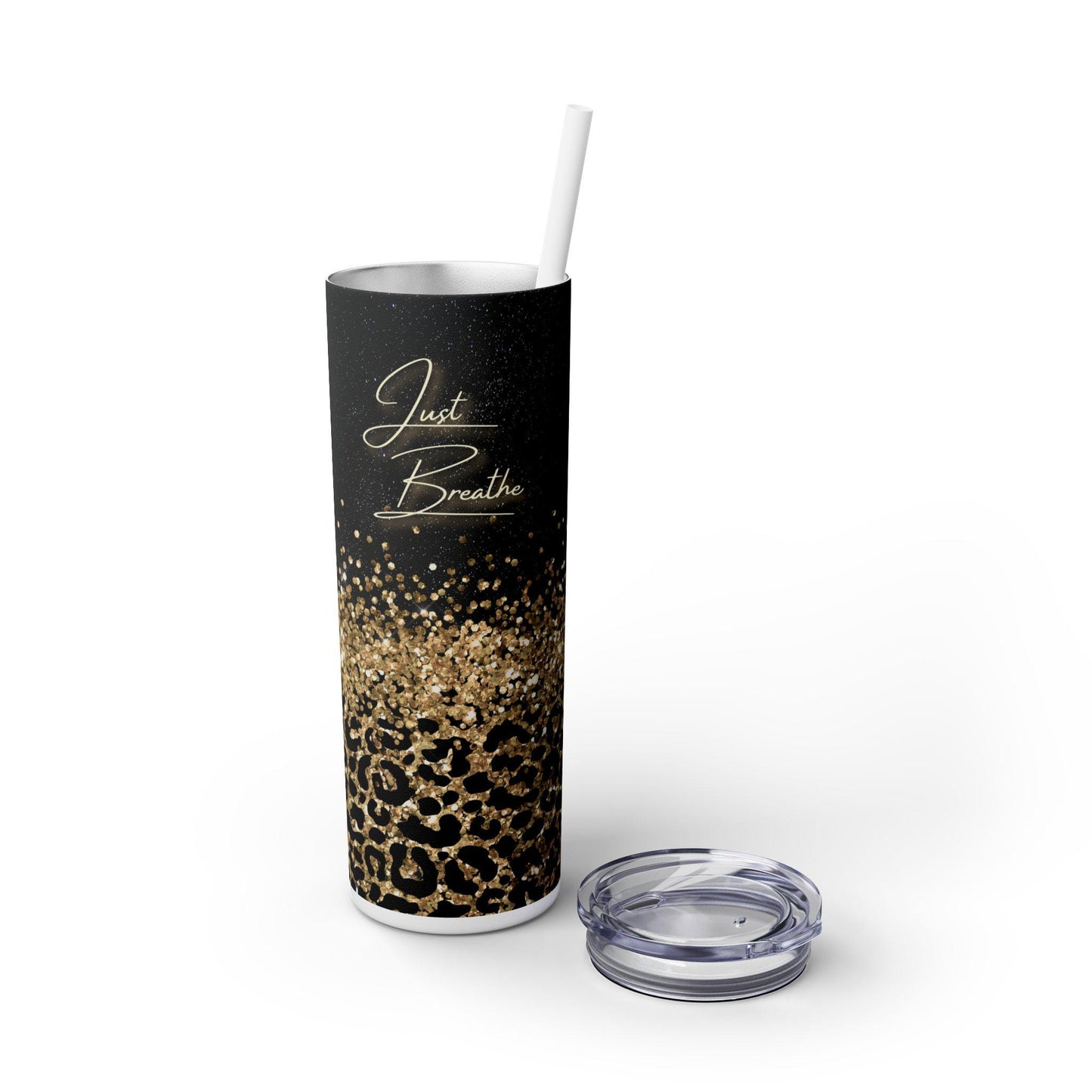 Glamorous Skinny Tumbler, Just Breathe Inspirational Travel Cup, Stylish Leopard Print, Gift for Her, Motivational Drinkware