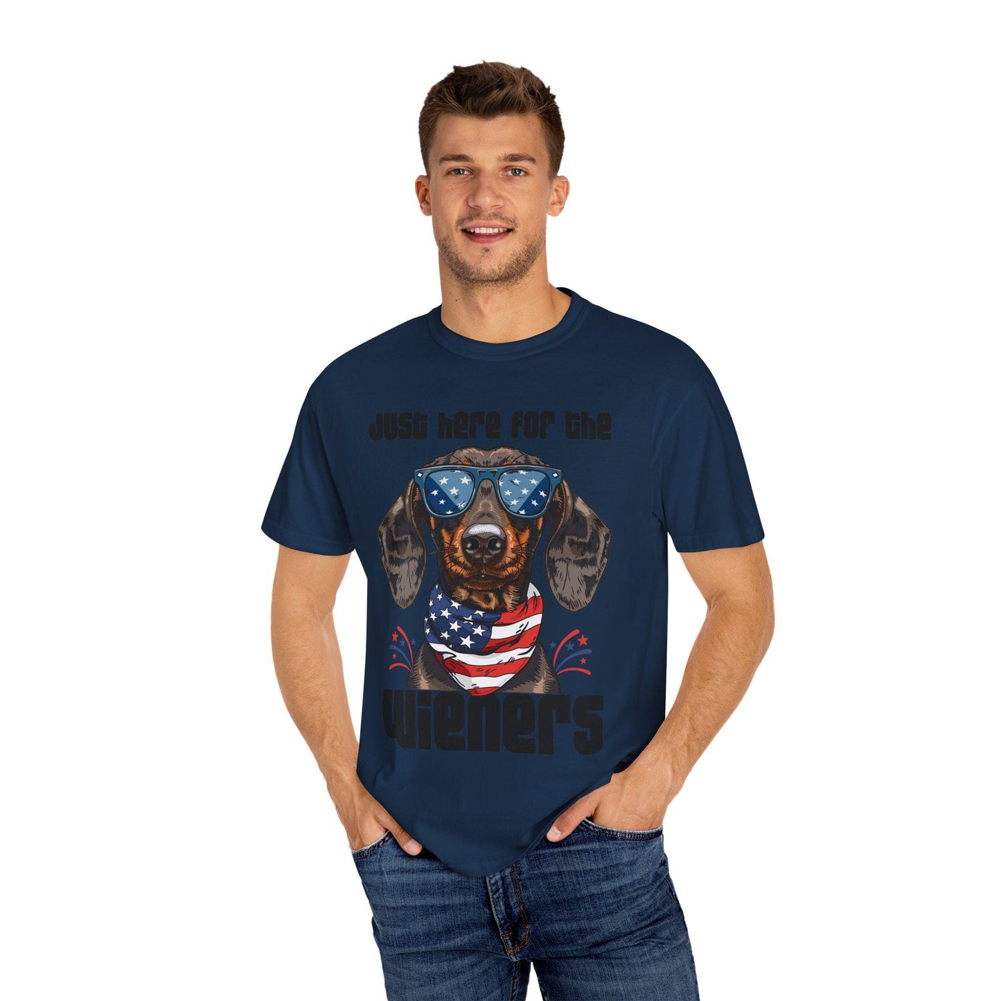 Patriotic Dog Lover T-Shirt, Just Here for the Wieners Tee, Summer BBQ Shirt, Pet Parenting Gift, Fun Dog Apparel