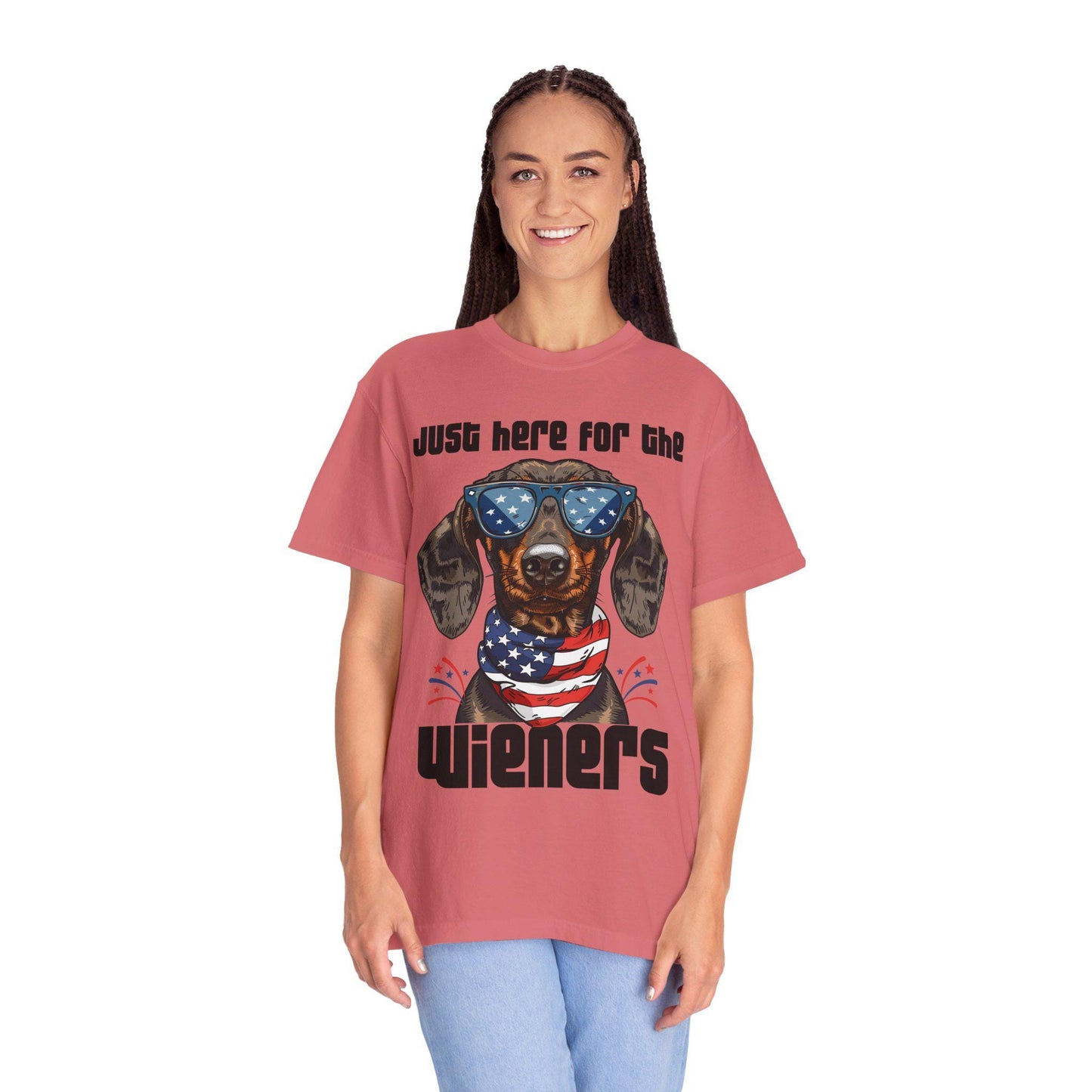 Patriotic Dog Lover T-Shirt, Just Here for the Wieners Tee, Summer BBQ Shirt, Pet Parenting Gift, Fun Dog Apparel
