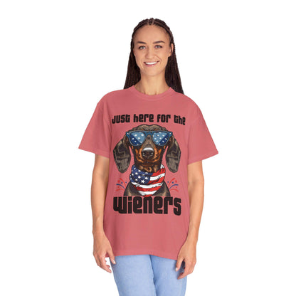 Patriotic Dog Lover T-Shirt, Just Here for the Wieners Tee, Summer BBQ Shirt, Pet Parenting Gift, Fun Dog Apparel