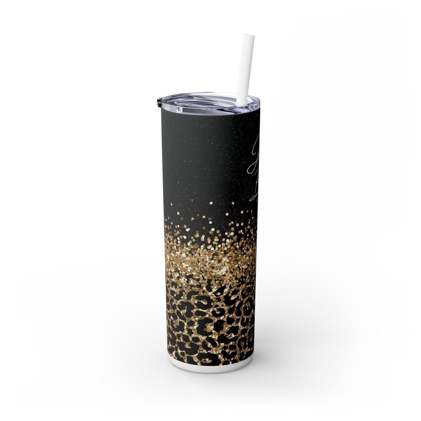 Glamorous Skinny Tumbler, Just Breathe Inspirational Travel Cup, Stylish Leopard Print, Gift for Her, Motivational Drinkware