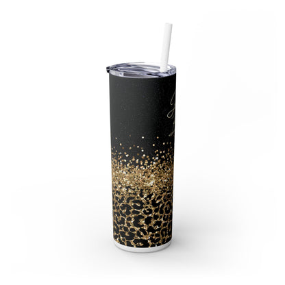 Glamorous Skinny Tumbler, Just Breathe Inspirational Travel Cup, Stylish Leopard Print, Gift for Her, Motivational Drinkware