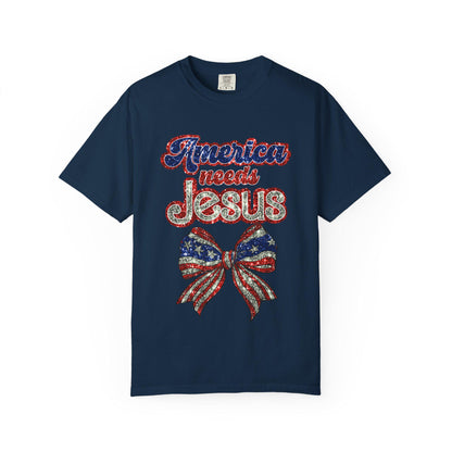 Patriotic Jesus T-Shirt, Unisex Garment-Dyed Shirt, Red White Blue Tee, Faith-Based Apparel, Perfect for Independence Day