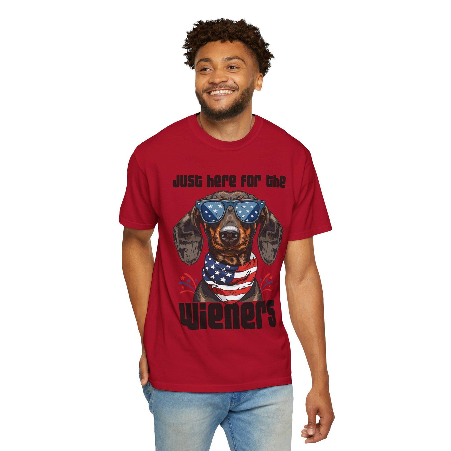 Patriotic Dog Lover T-Shirt, Just Here for the Wieners Tee, Summer BBQ Shirt, Pet Parenting Gift, Fun Dog Apparel