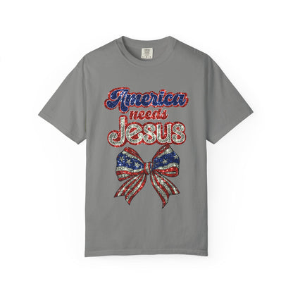 Patriotic Jesus T-Shirt, Unisex Garment-Dyed Shirt, Red White Blue Tee, Faith-Based Apparel, Perfect for Independence Day