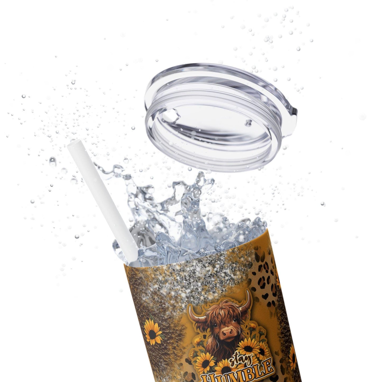 Stay Humble Wildflower Highland Cow Tumbler - Personalized 20oz Skinny Cup with Straw, Cute Gift for Cow Lovers, Boho Decor, Drinkware